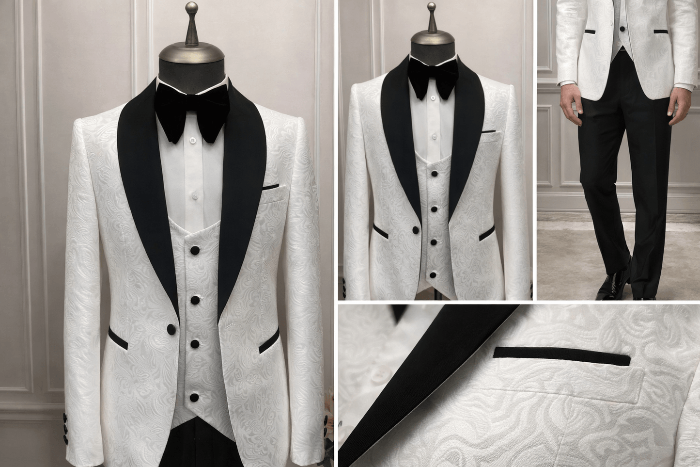 Men's 3 Piece White Embossed Tuxedo