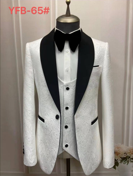 Men's 3 Piece White Embossed Tuxedo